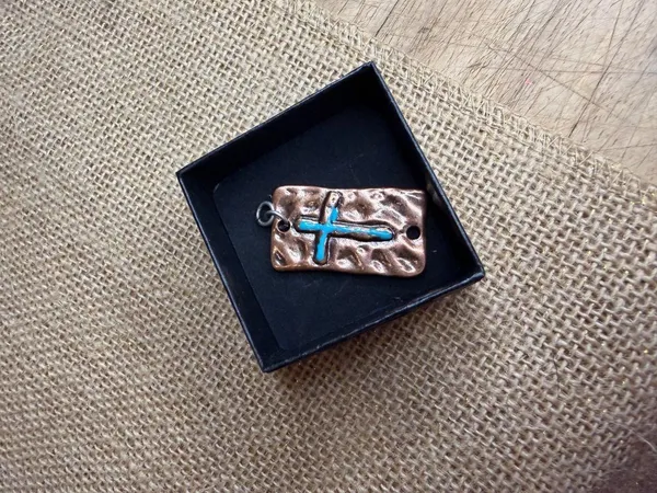 Turquoise-Inlaid Copper Cross Pendant With Rustic Textured Finish Handmade Recta - Image 2