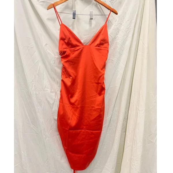 NBD Dex‎ Ruched Drawstring Adjustable Side Tie Poppy Orange Mini Dress Sz Small - Image 3