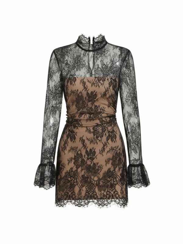 Cider Black Lace Stand Collar Long Sleeve Straight Mini Dress Size 10 - Image 6