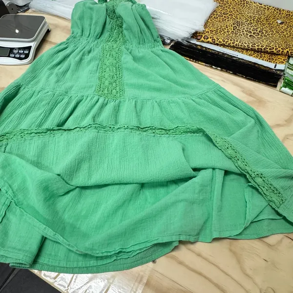 April Cornell Gauze Crochet Lace Trim Tiered Midi Dress Cotton‎ Green Women's M - Image 7