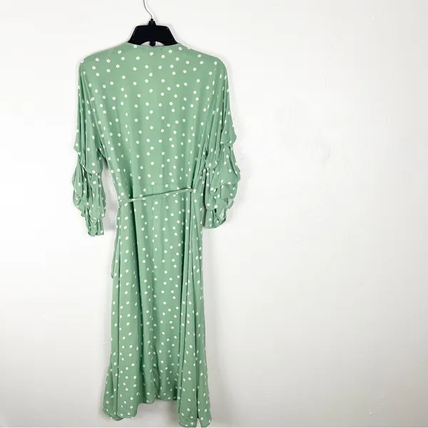 LULUS Green White Polka Dot Ruffled Sleeves Wrap Dress Size Medium Brunch - Image 2