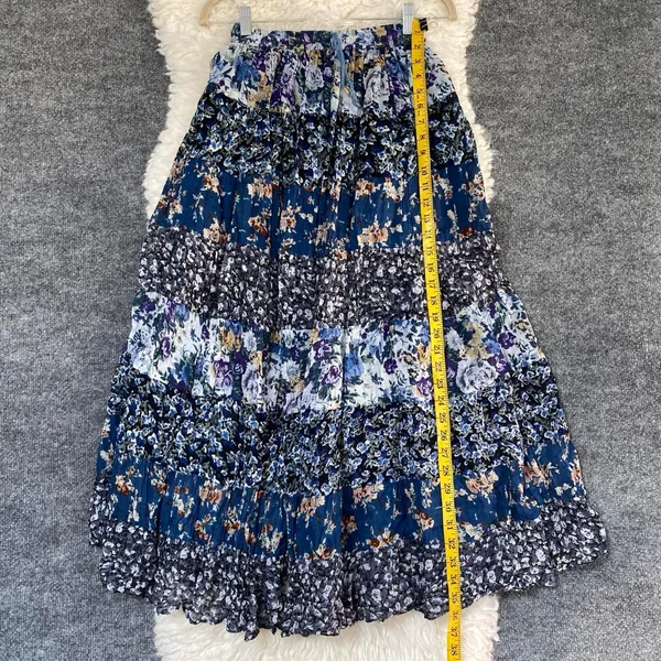 Sostanza Blue Floral Maxi Skirt Lined Stripe Patch 100% Cotton Boho Chic Casual - Image 7