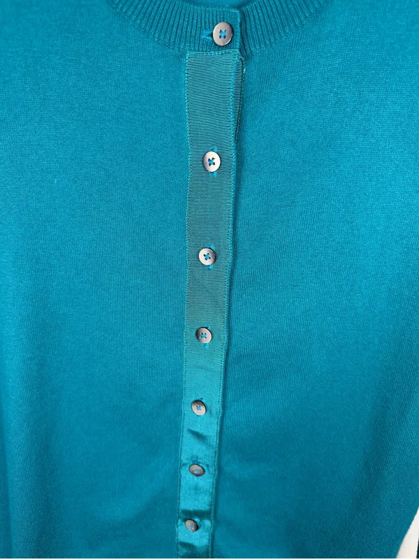 Boden Teal Ribbed Crew Neck Cardigan Classic Preppy Cotton Long Sleeve Size S - Image 7