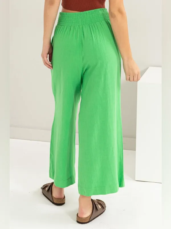 HYFVE Linen Blend Wide Leg Pants High Rise Smocked Waist Kelly Green L - Image 2