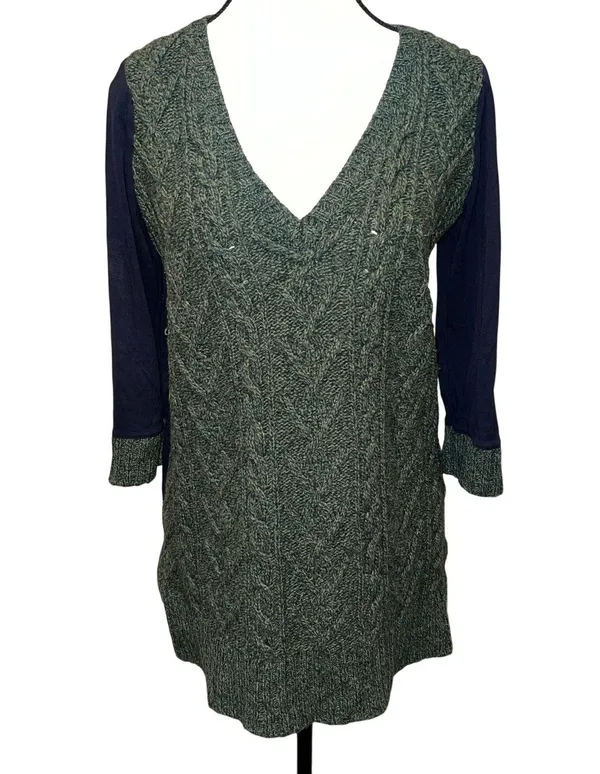 Pilcro and the Letterpress Dually Clad Wool Cable Knit Sweater Green/Navy Size L - Image 2