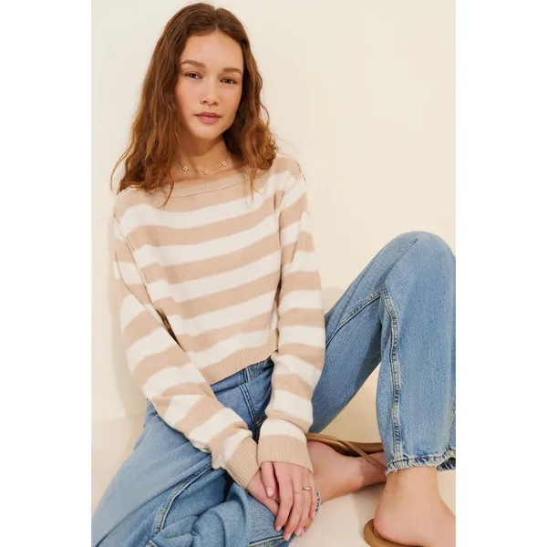 Free People Striped Into The Blue Crop Pullover Sweater Med NWT $108 - Image 3