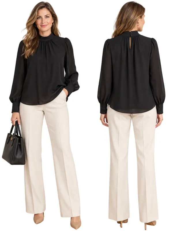 J. Crew Long-Sleeve Shirred Mockneck Top Blouse Women's XL Black Career Preppy - Image 2