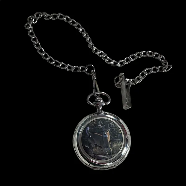 Al Agnew Pocket Watch Deer Art Hunting Nature Silver Tone Chain Need Battery - Image 2