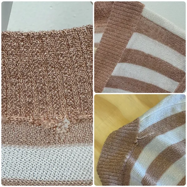 Bebe 2010s Rose Gold Metallic Striped Deep V-Neck Knit Top Sz Small Short Sleeve - Image 8