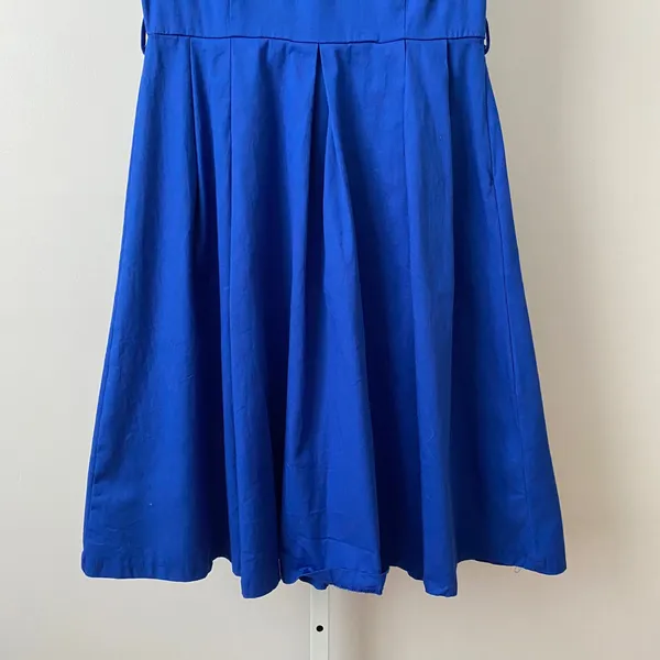 Lindy Bop Cotton Rockabilly Retro Pinup Cutout Pleated Fit Flare Dress S Blue - Image 3