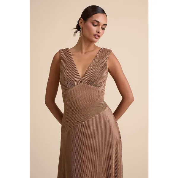 NWT Lulus Renee Light Brown Satin Plisse V-Neck Maxi Dress Gala Banquet Size S - Image 7