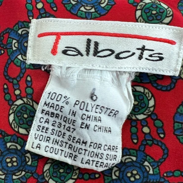 Vintage Talbots Medallion Print Midi Dress Gold Crest Button Long‎ Sleeve Red 6 - Image 2