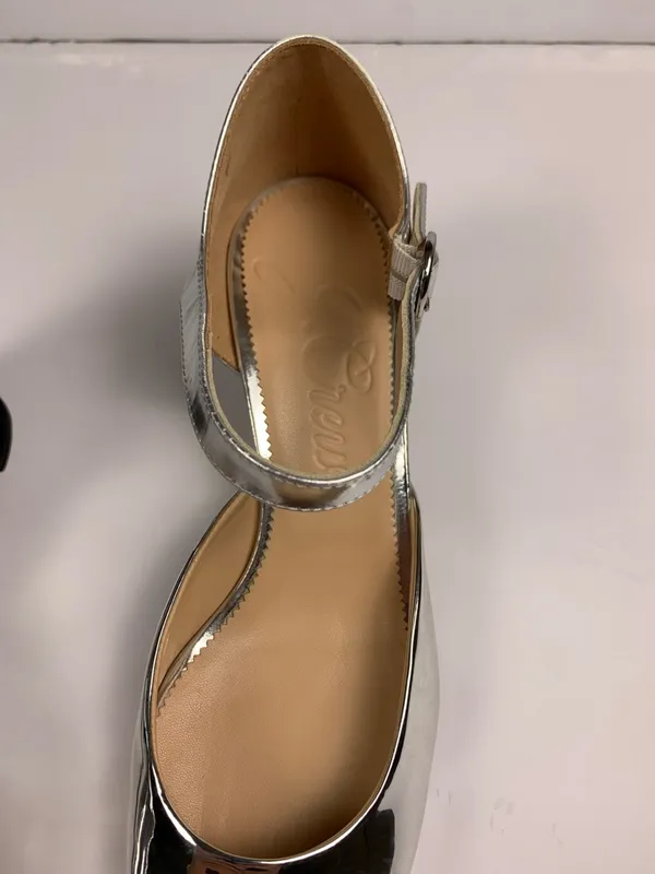 J.Crew Maisie Womens 9.5 Silver Leather Mary Jane Block Heel Black Cap Toe Shoes - Image 7