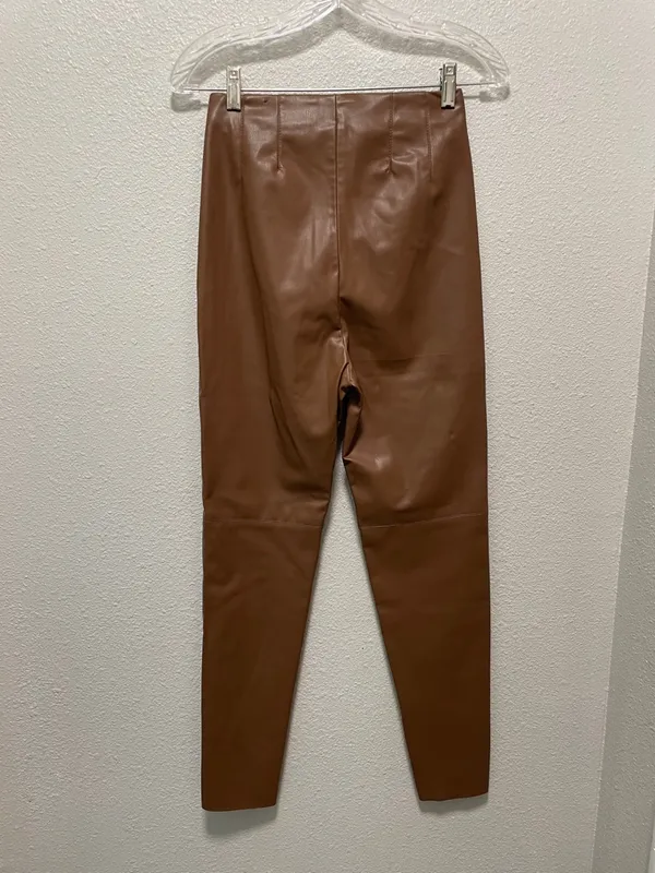 Zara Womens High Waist Faux Leather Leggings Small Ankle Length Brown - Image 4
