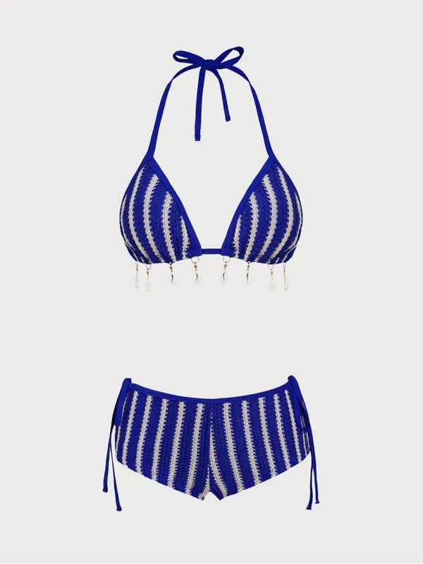Samiol Blue Contrast Striped Beaded Shorts Bikini Set - Image 2