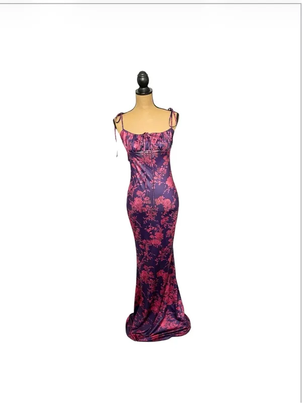 Marthea Floral Mermaid Maxi Dress M Purple Pink Bodycon Y2K Slip Spaghetti Strap - Image 3