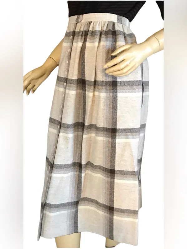 Vintage 1980'S Century Beige & Brown Plaid Wool Midi Skirt (12) - Image 5