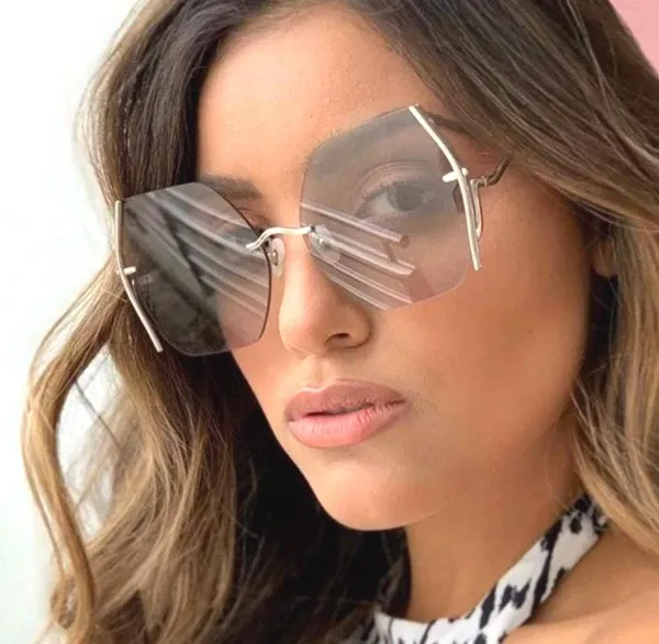 Gold Striped Rimless Sunglasses Brown - Image 4