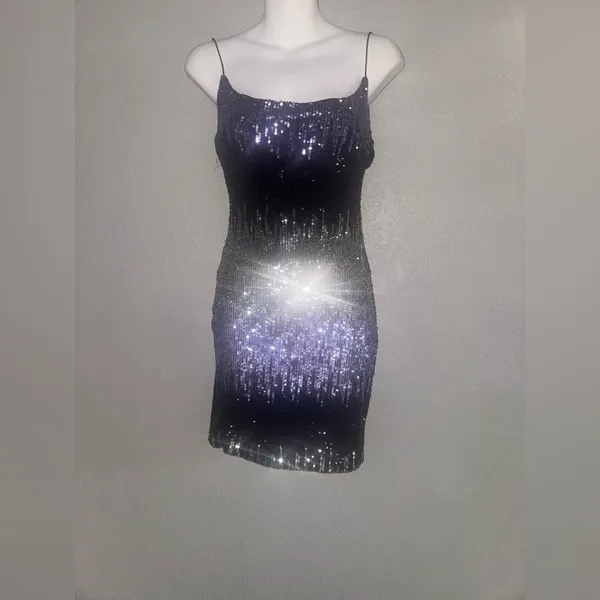 B Darlin Ombre Purple Black Sequin Mini Dress Size 1/2 Bodycon Sparkly Glam - Image 2