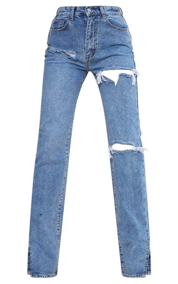PrettyLittleThing Ripped High Waist Split Hem Jeans, Blue, Size 2 Tall, EUC - Image 5