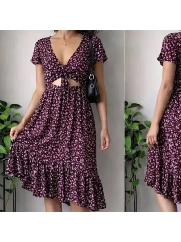 Abercrombie & Fitch Burgundy Floral Ruffle Hem Midi Dress - Image 2