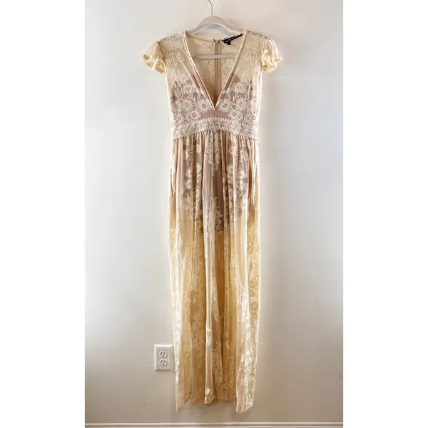 For Love & Lemons Violetta Embroidered Mesh Lace Maxi Dress Nude Ivory White L - Image 4