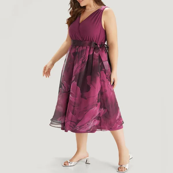 Red-Violet Floral Print Belted Pocket Sleeveless Dress-Large/12 - Image 4