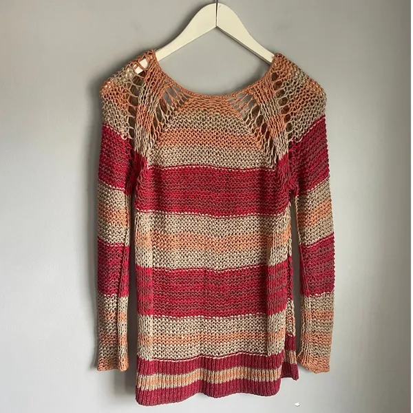 Free People Desert Moon Slouchy Fisherman‎ Open Knit Sweater Pink Striped XS - Image 3