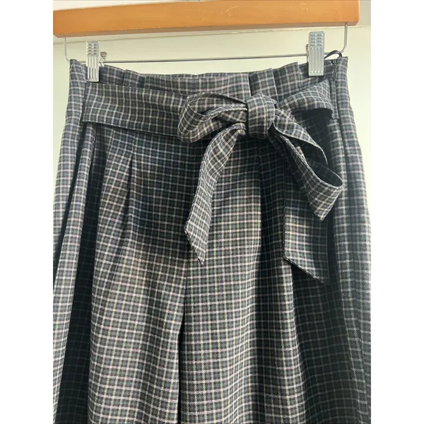 Zara Influencer Fave Plaid Wide Leg Cropped Trousers Pleated Tie Front Blue Chic Sz S - Image 4