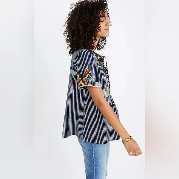 Madewell Floral Embroidered Fable Swingy Top in Twilight Tonal Stripes Size XS‎ - Image 3