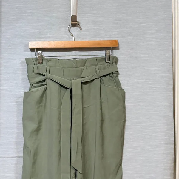 Zara TRF Sage Green Paperbag Waist Tapered Cuffed Pants Small Tie Belt High Rise - Image 4
