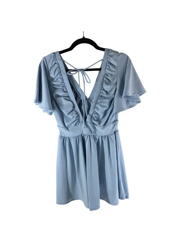 Halara V Neck Tie Back Short Sleeve Flowy Mini Babydoll Dress Light Blue S - Image 4