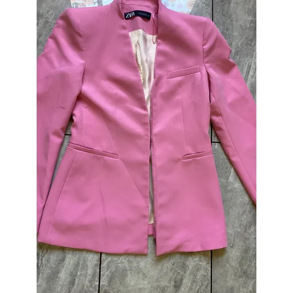 Zara Pink Open Front Tailored Blazer Jacket Womens Medium Collarless Hook Eye - Image 3
