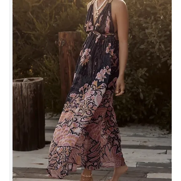 Anthropologie Cutout Maxi Dress Sheer Black Motif Size‎ XS Cover Up Boho - Image 3