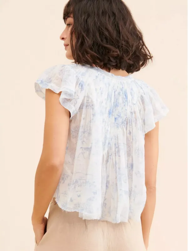 Free People FP One Printed Padma Top White Blue Toile Pattern Crop Blouse Top S - Image 3