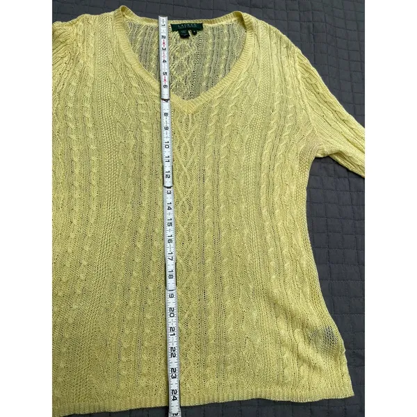 LRL Ralph Lauren citrus yellow linen sweater cable knit v-neck size Medium M - Image 9