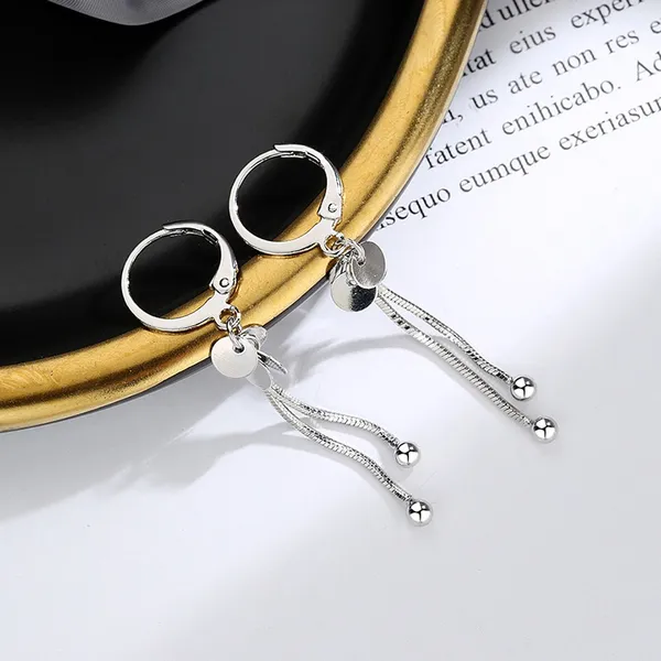 925 Silver Plated Round Disc Tassel Dangle Drop Hoop Earrings for Women - Image 3