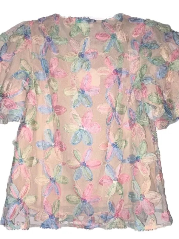 Umgee Pastel Floral Appliqué Sheer Sequin Blouse - Image 3