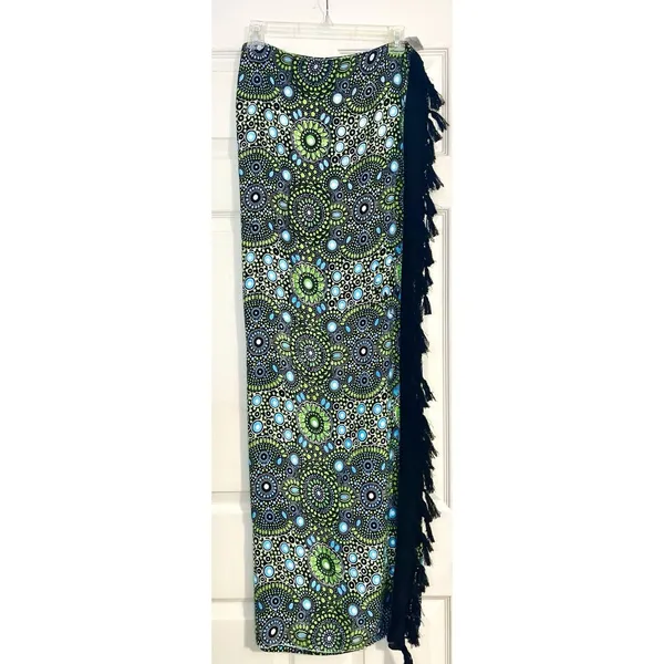 Wayan Natural Wear Sarong Cover Up Lime Green Blue Mandala Fringe Scarf Festival - Image 3