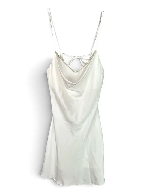 NWOT Lulus Mesmerizing Sweetie White Satin Rhinestone Cowi-Front Mini Dress M - Image 5