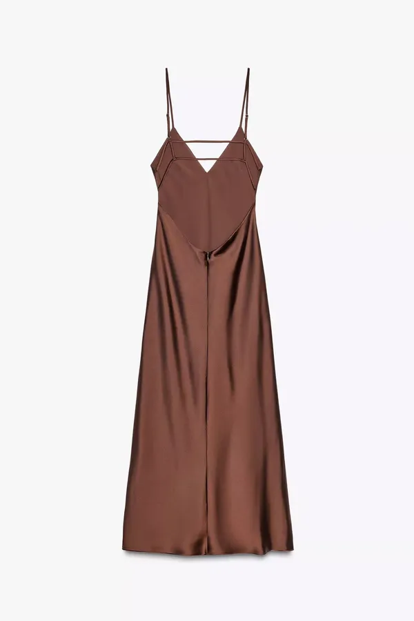 Zara Elegant Brown Satin Slip Dress Evening Party Wedding Casual - Image 2