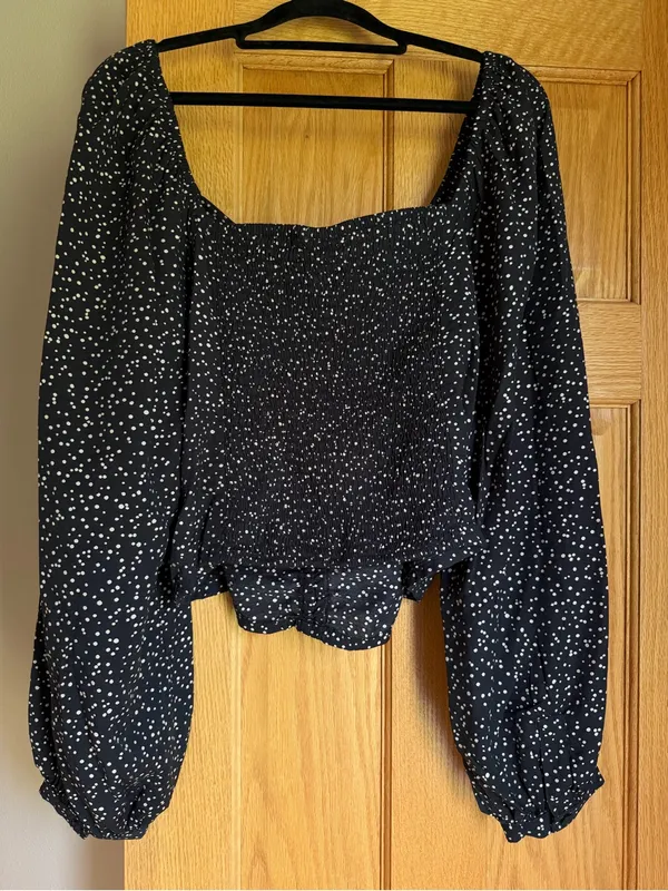 A New Day Black Polka Dot Ruched Balloon Sleeve Crop Blouse Women’s Size XL - Image 7