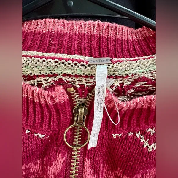 Free People Maroon Fair Isle Zip-Up Cropped Sweater - Size S - Image 3