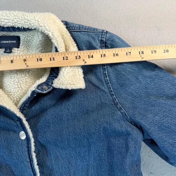 J.Crew Jeans Denim Sherpa Lined Jacket Blue Medium Wash Snap Front Womens Large - Image 4