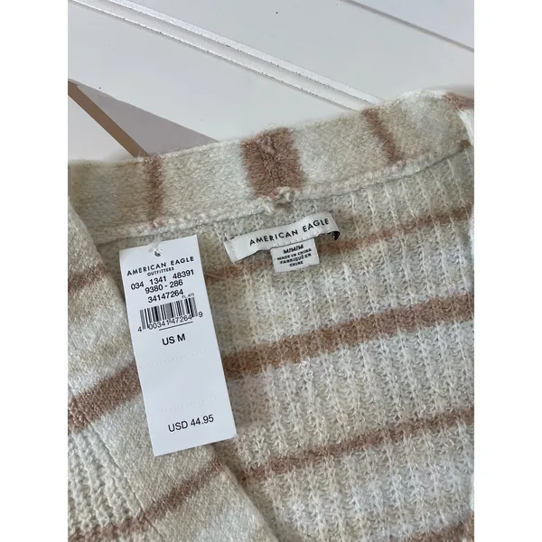 NWT American Eagle Striped V-Neck Cardigan Sweater Beige Tan Size M - Image 5