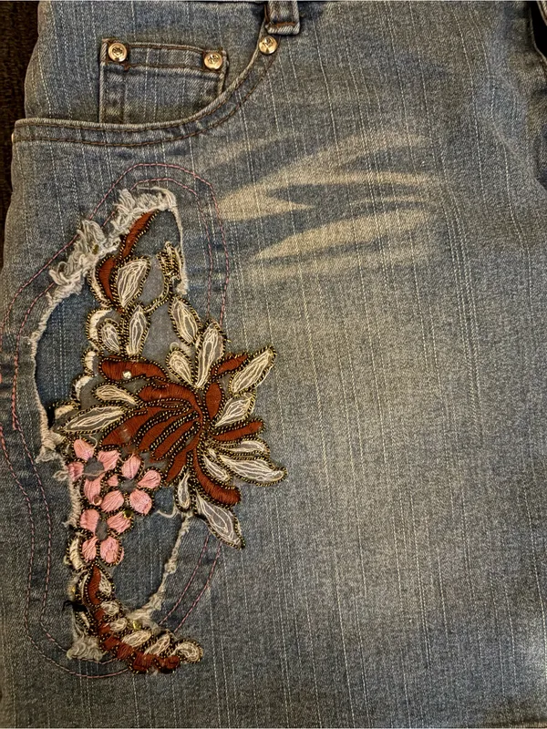 Simple Denim Mini Skirt with Floral Embroidery - Image 3