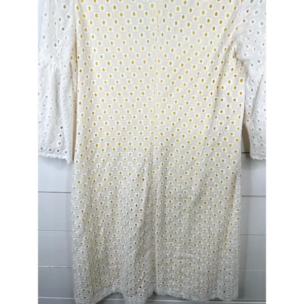 Trina Turk White Eyelet Bell Sleeve A-Line Dress Size 8 Yellow Lining Cotton - Image 8