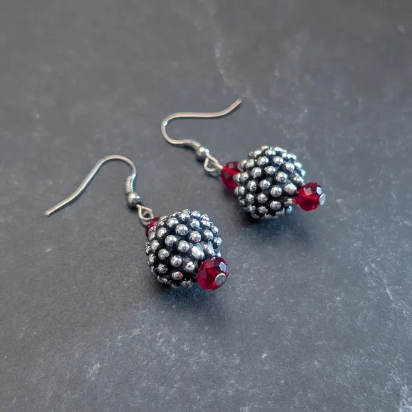 Vintage Hook Dangle Earrings Glam Silver Tone Studded Ball with Red Accent Bead - Image 3