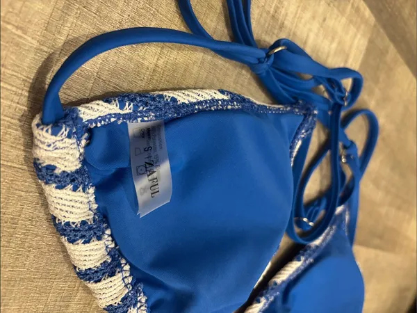 Zaful Striped Blue & White Crochet Tie-Side Bikini - Image 3