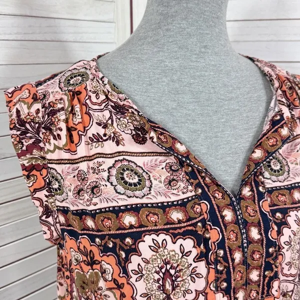 Loft Boho Floral Split Neck Sleeveless Tunic Tank Top Shirt Peach‎ Coral Medium - Image 6